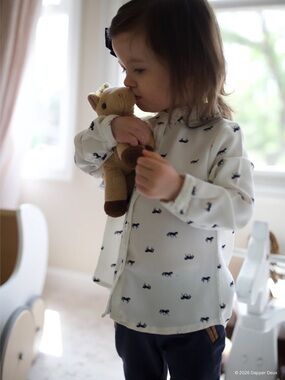 Hope and Henry | Soft White with Navy Horse Print Button up Peter Pan Collar Top
